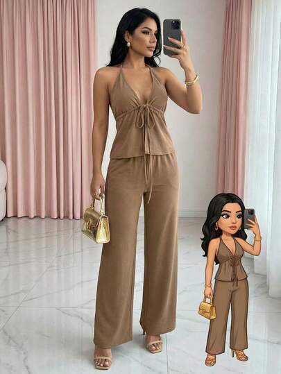 Conjunto mujer dama Pantalón pierna ancha pretina elástica con forro cero transparencias con Blusa sin mangas espalda descubierta ajustable cómodo fresco ligero moderno juvenil casual diario día noche casa calle playa y2k aesthetic atemporal