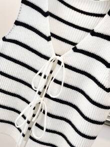 INAWLY Women's Striped Tie Front Casual Pullover Knit Top, Versatile For Daily Wear - White - View 5