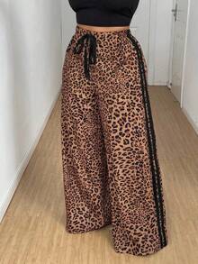 SHEIN PETITE CURVE Quần ống đứng dáng suông họa tiết da báo, phối viền tương phản, dây rút, nơ, dành cho nữ cỡ lớn và cỡ nhỏ, thiết kế thời trang, đa năng. - Nhiều màu - Xem 3
