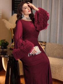 Modelyn Elegant Solid Color Mesh Flared Sleeve Waist Ruched A-Line Plus Size Dress, Suitable For Spring And Autumn - Burgundy - View 3
