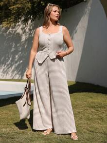 Juhart 大码女式针织条纹复古方领无袖开衫+宽松舒适阔腿裤休闲优雅办公两件套 - 杏色 - 查看 6