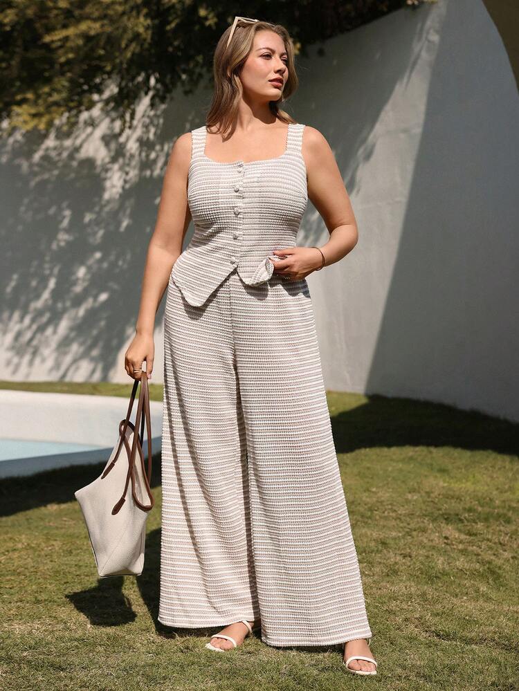 Juhart 大码女式针织条纹复古方领无袖开衫+宽松舒适阔腿裤休闲优雅办公两件套 - 杏色 - 查看 6