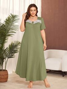 Lacomfia Plus Size Solid Color Short Sleeve Knit Casual Ruffle Hem Dress - Green - View 5