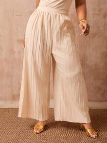 Veslaya Conjunto de 2 piezas de top de punto con cuello drapeado y cintura ajustada, y pantalones plisados de pierna ancha en color blanco, para mujer talla grande, ideal para festivales de música, Pascua, estilo bohemio, fiestas de cumpleaños, graduación, universidad, uso diario casual, vacaciones, cruceros, playa, tomar el sol, estilo viral, de invitada a boda, ir al trabajo, brunch, aeropuerto, eventos, elegantes banquetes, bailes y momentos relajados, primavera/verano 2026 - Albaricoque - Ver 6