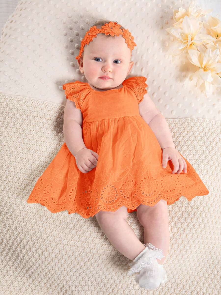SHEIN Newborn Baby Girl Floral Trim Round Neck Ruffle Waist Dress - Orange - View 1