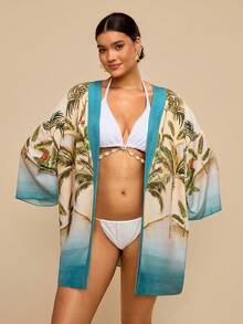 Travachic Áo khoác ngoài dài tay bằng chiffon in họa tiết cây nhiệt đới màu xanh lá cây dành cho nữ cỡ lớn, kiểu dáng rộng rãi, dài đến giữa bắp chân, thích hợp cho những buổi đi biển lãng mạn đầu mùa xuân. - Nhiều màu - Xem 1