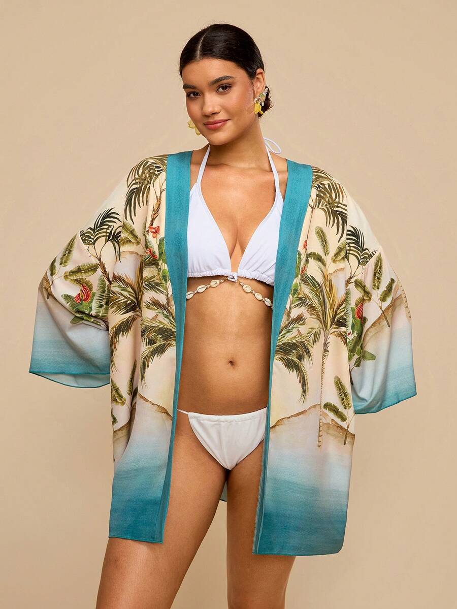 Travachic Áo khoác ngoài dài tay bằng chiffon in họa tiết cây nhiệt đới màu xanh lá cây dành cho nữ cỡ lớn, kiểu dáng rộng rãi, dài đến giữa bắp chân, thích hợp cho những buổi đi biển lãng mạn đầu mùa xuân. - Nhiều màu - Xem 1
