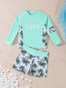 SHEIN Toddler Boys' Tropical Holiday Style Print 2-Piece Set,Short Sleeve Top+Shorts,Rash Guard,Mint Green,Summer,Funny,Pool Party,Vacation Gift - Green - View 4