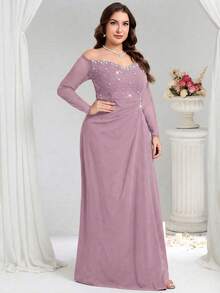 Coutiva Plus Size Women Off-Shoulder Faux Pearl Decor Ruched Waist Elegant Formal Evening Dress - Dusty Pink - View 6