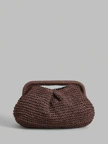 Ontre Stylish Handmade Brown Straw Pleated Cloud Bag Clutch Bag, Suitable For Vacation, Travel - Coffee - View 7