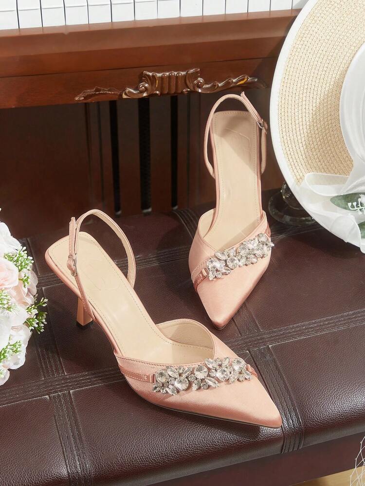 CUCCOO HITCHD Women's High Heel Pumps, Elegant & Graceful Pointed Toe With Rhinestone Chain, Light Pink Satin Wedding Bridal Shoes, Bridesmaid Shoes, Party Heels