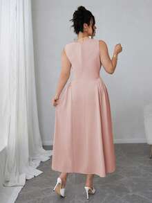 Elenzga Chic Women's Dusty Pink Sleeveless Round Neck Midi Plus Size Dress With Flared A Line Style Event Tea Party Summer Elegant - Dusty Pink - View 2