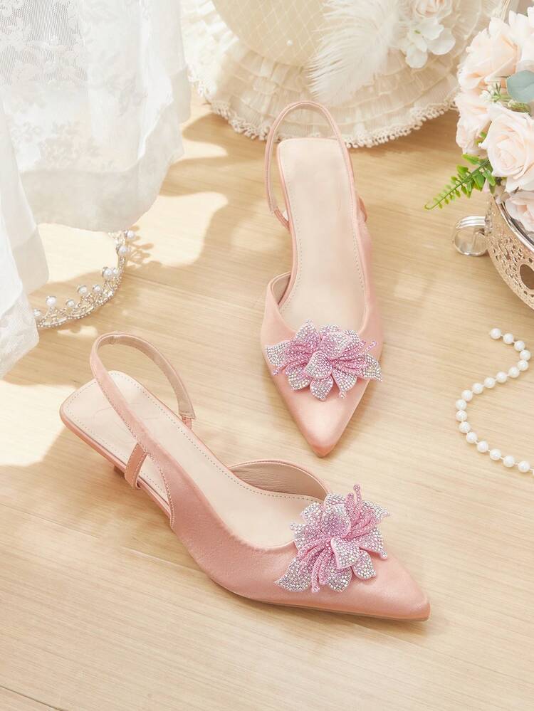 CUCCOO HITCHD Women's High Heel Pumps, Elegant & Graceful Pointed Toe, Pink Color With 3D Floral Rhinestone Decor, Suitable For Wedding Bride, Bridesmaid, Guest, Party