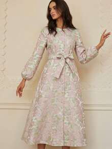 BELROSIE Textured Burn-Out Raised Embossed Decor Round Neck Belted Dress With Button Trim - Baby Pink - View 2