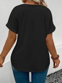 EMERY ROSE Plus Size Women Casual V-Neck Contrast Color Floral Print Short Sleeve Curved Hem Basic T-Shirt - Black - View 2
