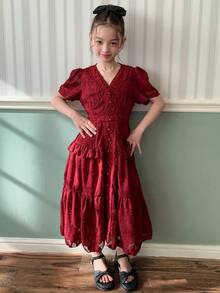 Dazy Kids Burgundy V-Neck Ruffle Trim Tween Girls Dress - Burgundy - View 4