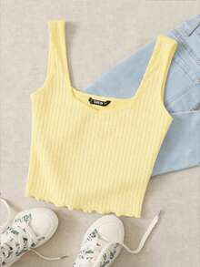 SHEIN Essnce 棉质华夫格针织吊带背心，宽肩带设计，简约风格，适合休闲、海滩、旅行、婚礼、派对、机场、居家穿着，时尚别致。 - 黃色 - 查看 6