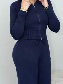 Melissa Matos 2pcs/Set Women Casual Long Sleeve Top And Flared Pants Suit, Navy Blue,Fall - Navy Blue - View 6