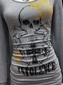 StreetHx Women's Round Neck Letter & Skull Print Casual Daily Party Going Out Mini Dress - Grey - View 7