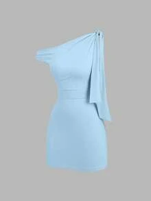Vestido mini elegante francés de mujer con volantes asimétricos en el hombro, ceñido al Body, que estiliza la silueta - Marrón Mocha - Ver 9