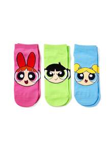 THE POWERPUFF GIRLS X SHEIN 3双装柔软透气吸湿休闲糖果色短袜，甜美图案，时尚可爱卡通粉色、蓝色和绿色女款短袜，加固趾部和脚跟，经久耐穿，四季皆宜，夏季和冬季百搭，印花图案，花朵、泡泡和毛茛 - 彩色 - 查看 8
