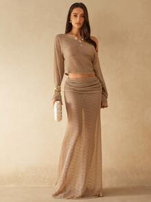 Silquee 轻盈卡其色不对称肩部长袖薄纱串珠短款罩衫，适合夏季度假、海滩、约会、朋友聚会、浪漫场合。 - 卡其色 - 查看 4