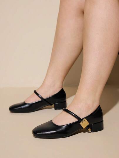 CUCCOO CURVES Fashion Commuter Square Head Women's Black Shoes Versatile Bow Thick Heel Mary Jane Widened Plus Size Women's Shoes