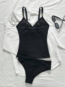 Swim Lushoire 2pcs/Set Mature Fabric Criss-Cross Pleated One-Piece Swimwear Top And High-Waisted Bikini Bottom - Black - View 8