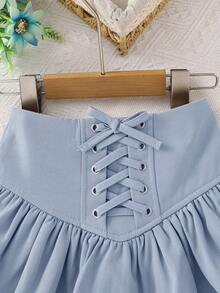 Young Girls Woven Solid Color Cross Straps Layered Cake Pressed Lace Trim Short Skirt,Back To School,Casual And Versatile, Ladylike, Sweet And Cool Girl,Young Girl Clothes, , Pairing White Shirt,Long Sleeve Tops,Cute Skirts,Back To School Season,Mom And Daughter & Sisters  Matching. Skirt With Leggings Girls Blue Kids 2 Piece Skirts 2piece For Girls Short Skirt Girl Light Blue Skirt Dusky Blue Skirts Girl,Kids - Baby Blue - View 5
