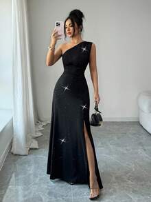 Rafferiza Women's Elegant Glittery Party/Date Oblique Shoulder Sleeveless High Slit Maxi Ruched Dress - Black - View 7