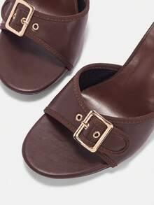 CUCCOO CURVES Women Shoes Wide Fit Fashion Round Toe Stiletto Brown Buckle Peep Toe Simple Classic Daily Comfort Fattened High Heel Women Sandals Slippers Plus Size - Coffee Brown - View 8