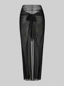 Swim Oasis 2026 Women's Spring/Summer Elegant Romantic Seashell Cup Shaped Swimsuit With Pearl Chain Strap, Bohemian Wave Texture Push-Up Underwire Molded Cup, Wrap-Around Mesh Skirt For Beach Vacation - Black - View 7