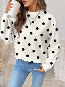 SHEIN LUNE 休闲简约复古优雅通勤百搭保暖印花图案，复古波点印花图案，女士夏季圆领长袖宽松卫衣 - 彩色 - 查看 4