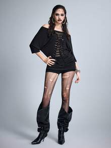 ROMWE Goth Y2K Vintage Off-Shoulder Perforated Distressed Hollow Mesh Splice Mid-Sleeve T-Shirt - Black - View 6