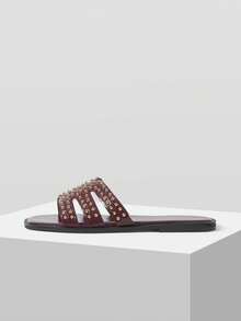 Mnmlis Zapatillas planas de moda para mujer con remaches incrustados, estilo casual y fresco, para uso diario y vacaciones, de punta abierta - Burdeos - Ver 2