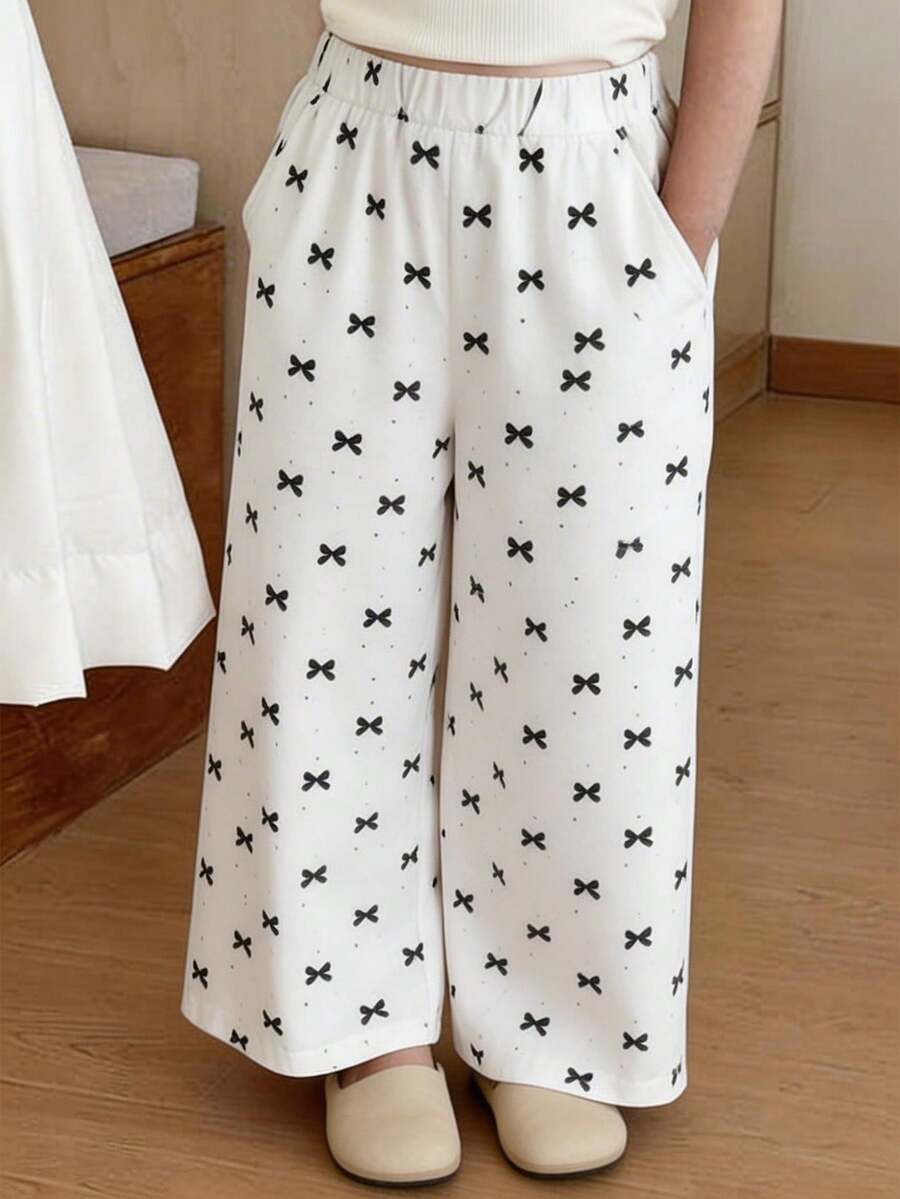 Girls' Long Wide-Leg Pants With Black Bow Print, Elastic Waist Design, Fresh And Cute Style Girls Summer Wide Legs Pants Pants With Bows Girl Wide Pants Bow Pants - Apricot - View 1