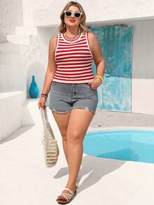 Vivid Eden 女士休闲优雅浪漫条纹针织弹力圆领衬衫，适合春夏穿着 - 紅白色 - 查看 3