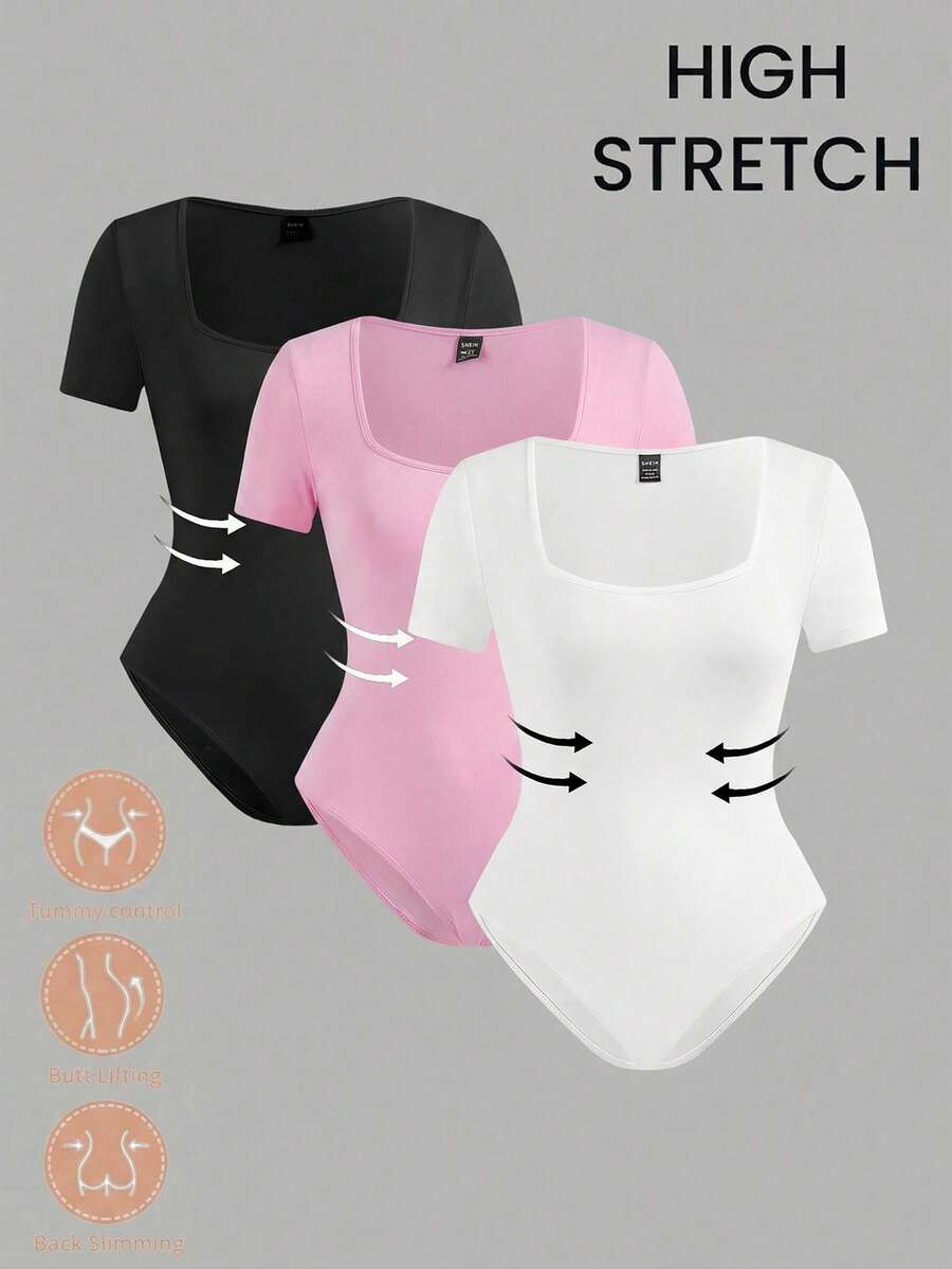 SHEIN EZwear 3件套加大码休闲简约方领短袖连体衣,适合春夏穿着 - 彩色 - 查看 1