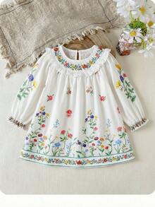 Babygirl Casual Cute Floral Pattern Ruffle Hem Long Sleeve Dress - Multicolor - View 5