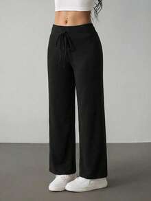 SHEIN PETITE Quần dài mặc nhà thoải mái có lớp lót giữ nhiệt dành cho nữ, màu hồng, thích hợp cho mùa thu/đông. - màu đen - Xem 2