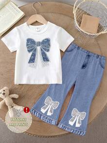 Spring And Summer Girls Casual Fashion Creative Personality Refreshing Minimalist Rhinestone Bow Denim-Look Print Casual T-Shirt And Flared Pants Set, Comfortable Daily Wear - Multicolor - View 4