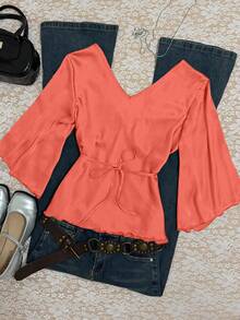 INAWLY Áo sơ mi nữ cổ chữ V màu trơn, thắt nút, kiểu dáng thường ngày, đa năng. - Màu Cam san hô - Xem 2