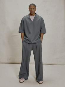 Musero Camisa de manga corta con cuello en V oversize y hombros caídos, solo parte superior de conjunto, esencial de otoño e invierno - Gris Oscuro - Ver 3