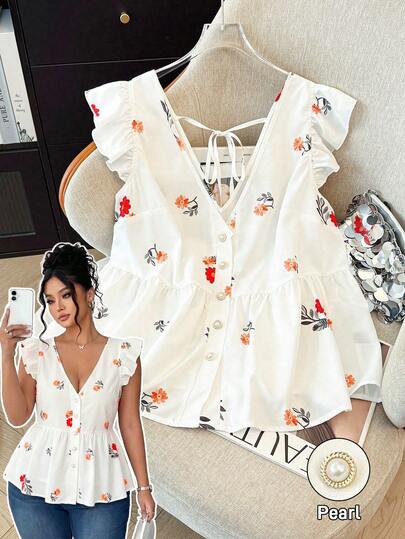 GlowEve CURVE Blusa de gasa con estampado floral para mujer de talla grande, de estilo casual y abierta al frente, versátil para primavera, verano y otoño