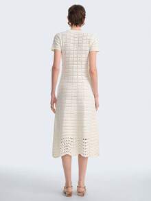 Aalyst 女士春夏新款单件圆领短袖修身优雅法式喇叭下摆3D立体花卉时尚设计通勤女士约会百搭中长针织套头连衣裙 - 米色 - 查看 5