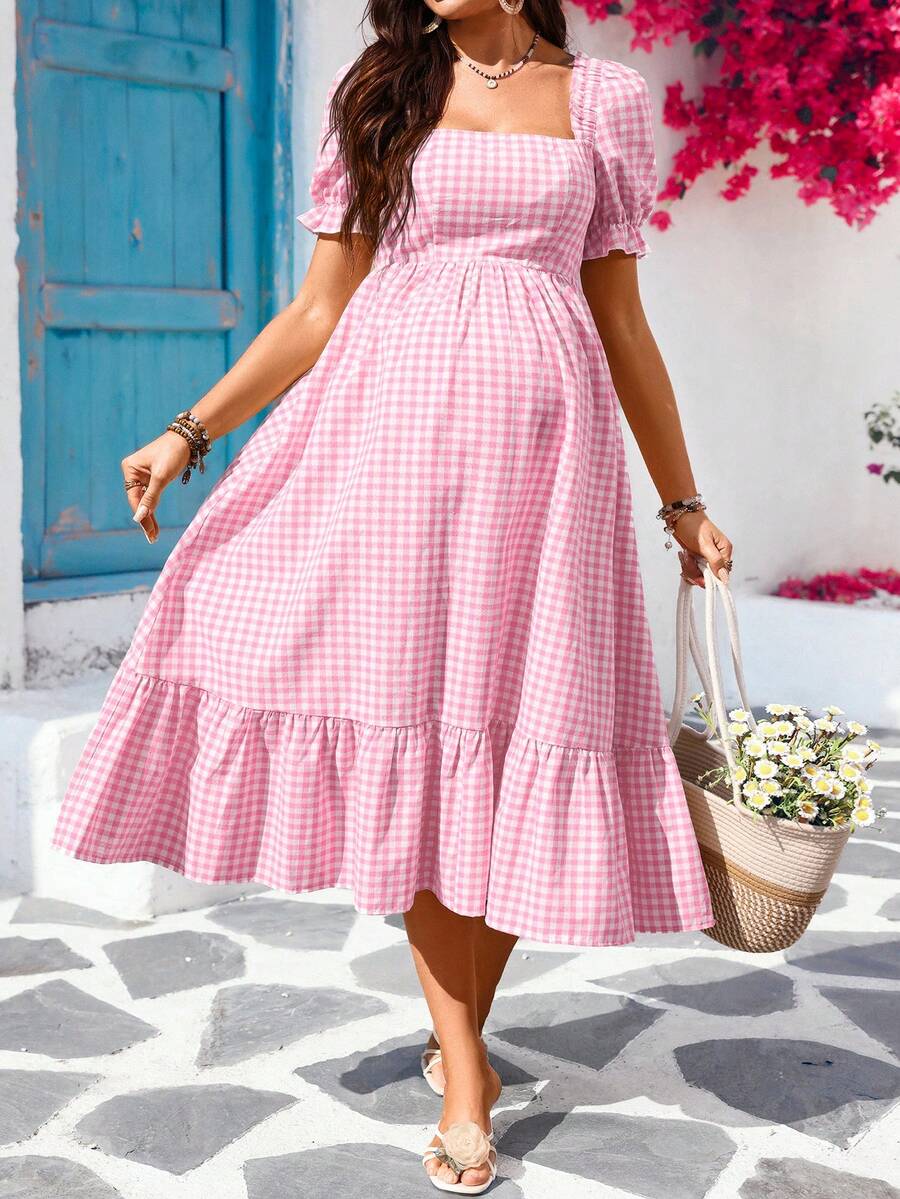 SHEIN Maternity Casual Plaid Ruffle Hem Dress - Pink - View 1