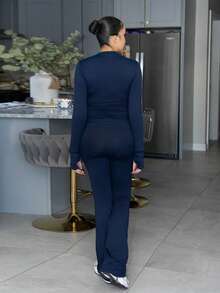 Melissa Matos 2 件套女士海军蓝拉链开衫和针织裤休闲套装、毛衣套装，秋冬 - 寶藍色 - 查看 2