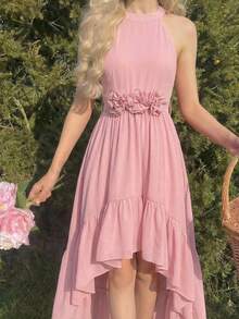 SHEIN Tween Girl Elegant Floral Decor Chiffon Snug Fit Dress, Spring/Summer Elegant  Wedding Outfits Dusty Pink Dress Tween Dress Easter Dress High Low Dress Flowy Dress - Pink - View 1