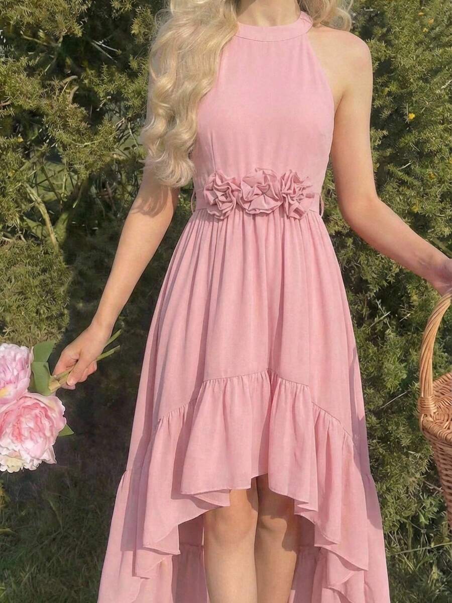 SHEIN Tween Girl Elegant Floral Decor Chiffon Snug Fit Dress, Spring/Summer Elegant Wedding Outfits Dusty Pink Dress Tween Dress Easter Dress High Low Dress Flowy Dress - Pink - View 1