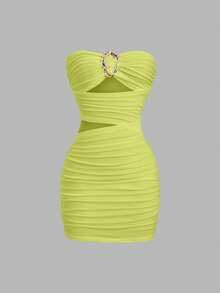 Sweetra Women's Sexy Fitted Strapless Short Dress With Metal Buckle - Green - View 3